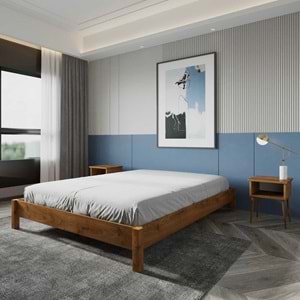 LOFT Model Ceviz Renk Çam Ahşap Karyola Ve İki Komodin Set