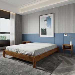 LOFT Model Ceviz Renk Çam Ahşap Karyola Ve İki Komodin Set