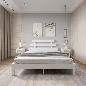 Lotus X Model Beyaz Renk Çam Ahşap Karyola