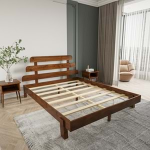 Lotus X New Model Ceviz Renk Ahşap Karyola Ve İki komodin Set