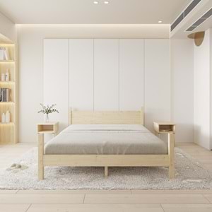 Mirage Model Doğal Çam Ahşap Karyola Ve İki Komodin Set