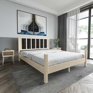 Orion Model Bordo Puflu Başlıklı Doğal Çam Ahşap Karyola