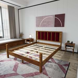 Orion Model Çağla Yeşili Puflu Başlıklı Ceviz Renk Çam Ahşap Karyola