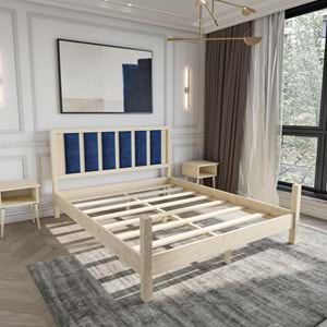 Orion Model Lacivert Renk Puflu Başlıklı Doğal Çam Ahşap Karyola Ve İki Komodin Set