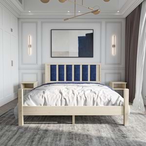 Orion Model Lacivert Puflu Başlıklı Doğal Çam Ahşap Karyola