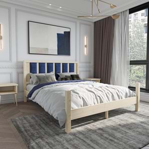 Orion Model Lacivert Puflu Başlıklı Doğal Çam Ahşap Karyola