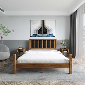 Orion Model Siyah Renk Puflu Başlıklı Ceviz Renk Çam Ahşap Karyola Ve İki Komodin Set