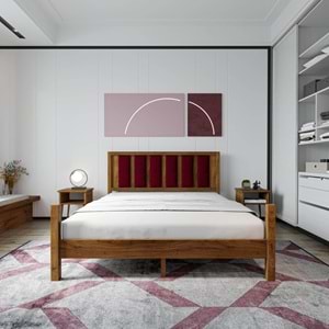 Orion Model Zümrüt Yeşili Puflu Başlıklı Ceviz Renk Çam Ahşap Karyola Ve İki Komodin Set