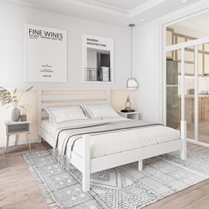 Urban Model Beyaz Renk Çam Ahşap Karyola Ve İki Komodin Set