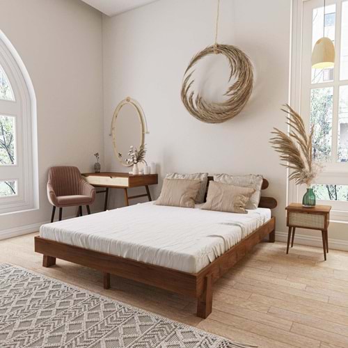 Damla Model Ceviz Renk Ahşap Karyola Ve İki komodin Set