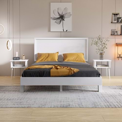 Ebruli Model Beyaz Renk Çam Ahşap Karyola Ve İki Komodin Set ( YTY )