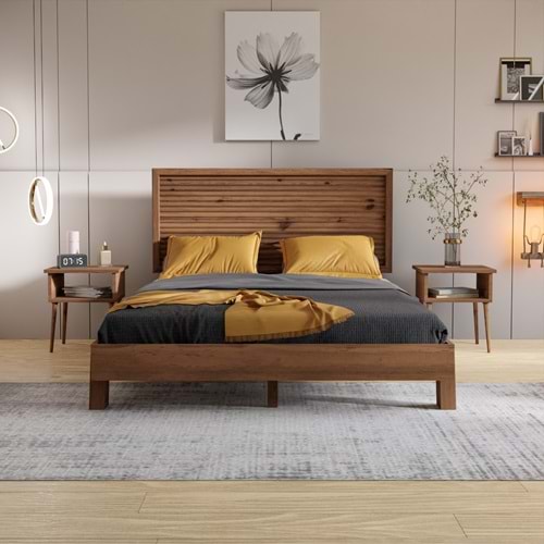 Ebruli Model Ceviz Renk Çam Ahşap Karyola Ve İki Komodin Set ( YTY )