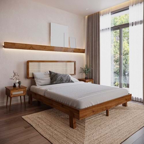 Hazeran Lilyum Model Ceviz Renk Ahşap Karyola Ve İki komodin Set