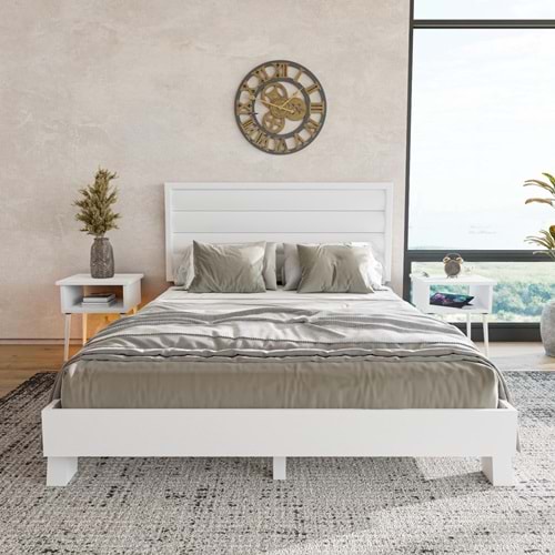 Hüma Model Beyaz Renk Çam Ahşap Karyola Ve İki Komodin Set ( Dikey )