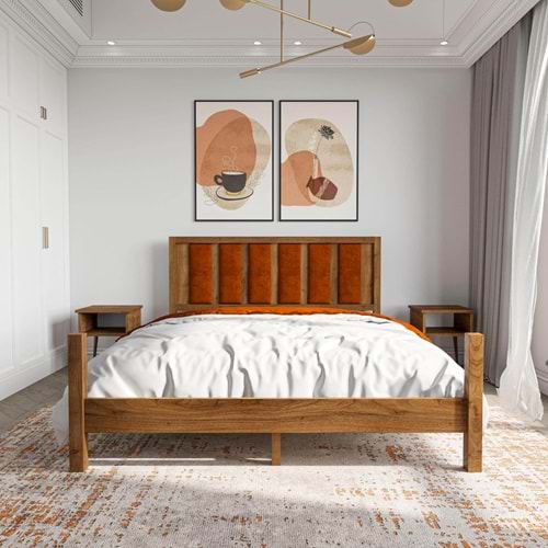 Orion Model Kiremit Renk Puflu Başlıklı Ceviz Renk Çam Ahşap Karyola