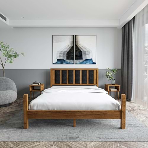 Orion Model Siyah Renk Puflu Başlıklı Ceviz Renk Çam Ahşap Karyola Ve İki Komodin Set