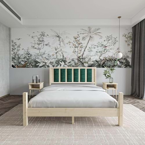 Orion Model Zümrüt Yeşili Puflu Başlıklı Vernikli Çam Ahşap Karyola