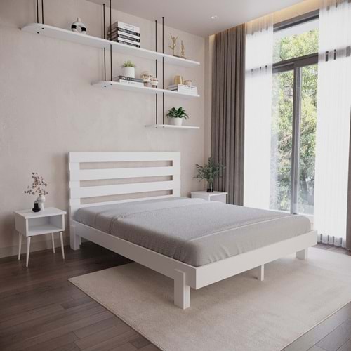 Urban New Model Beyaz Renk Çam Ahşap Karyola Ve İki Komodin Set