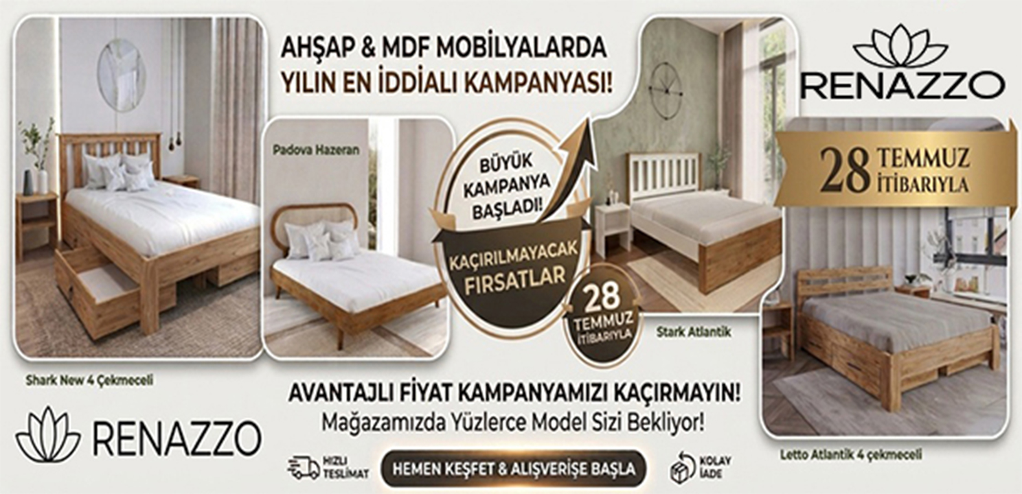 Renazzo Mobilya, ahşap ve MDF mobilya üretiminde uzman, özel ölçü ve projeye özel karyola, gardırop ve masa çözümleri sunar.