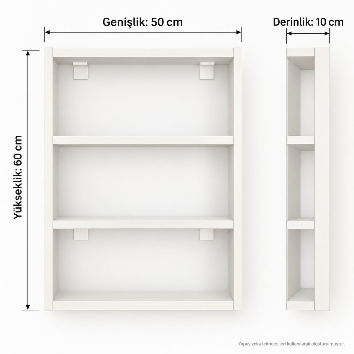 3 Raflı Çok Amaçlı Mutfak Duvar Rafı Beyaz 50x60x10 cm teknik ölçü