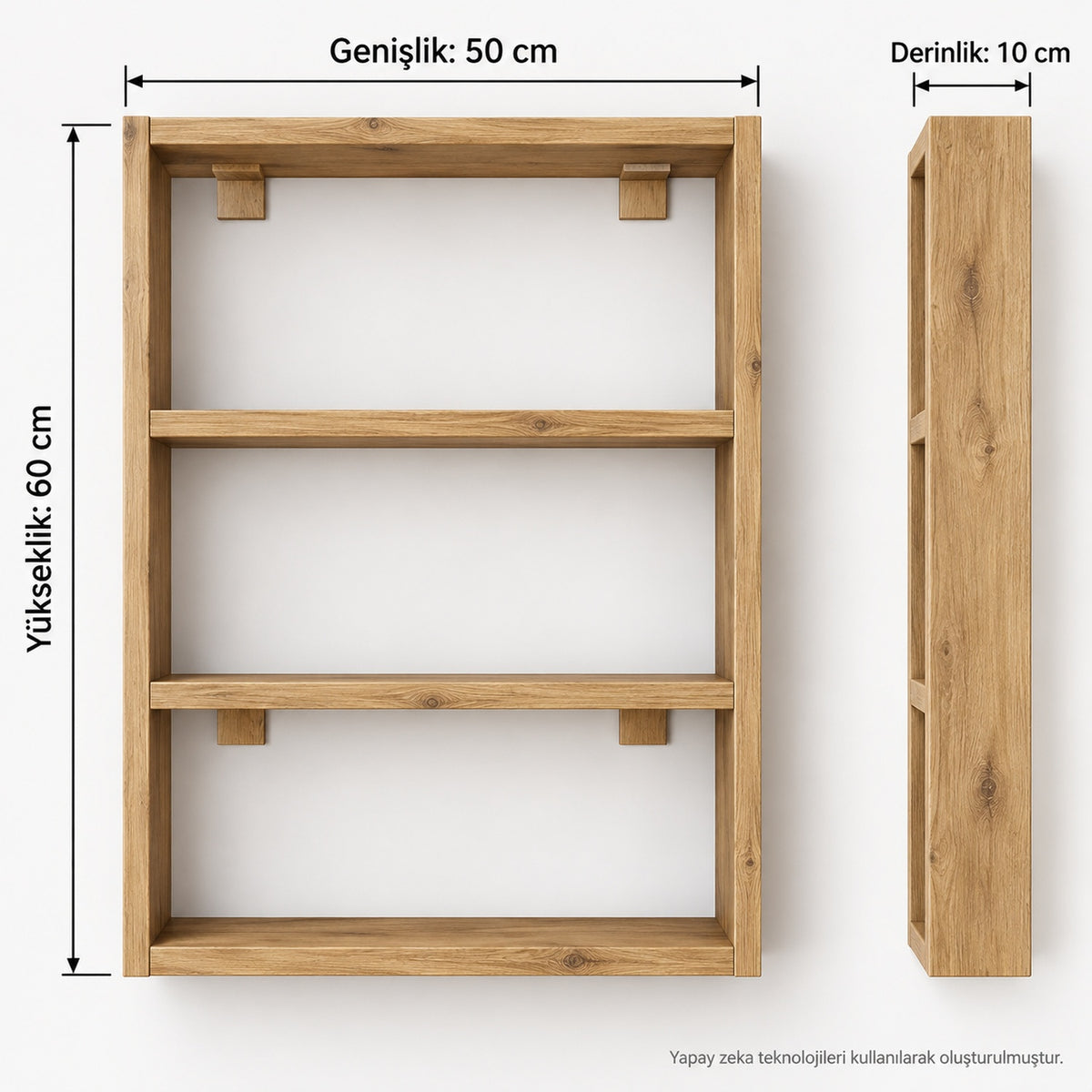 3 Raflı Çok Amaçlı Mutfak Duvar Rafı Atlantik Çam 50x60x10 cm teknik ölçü