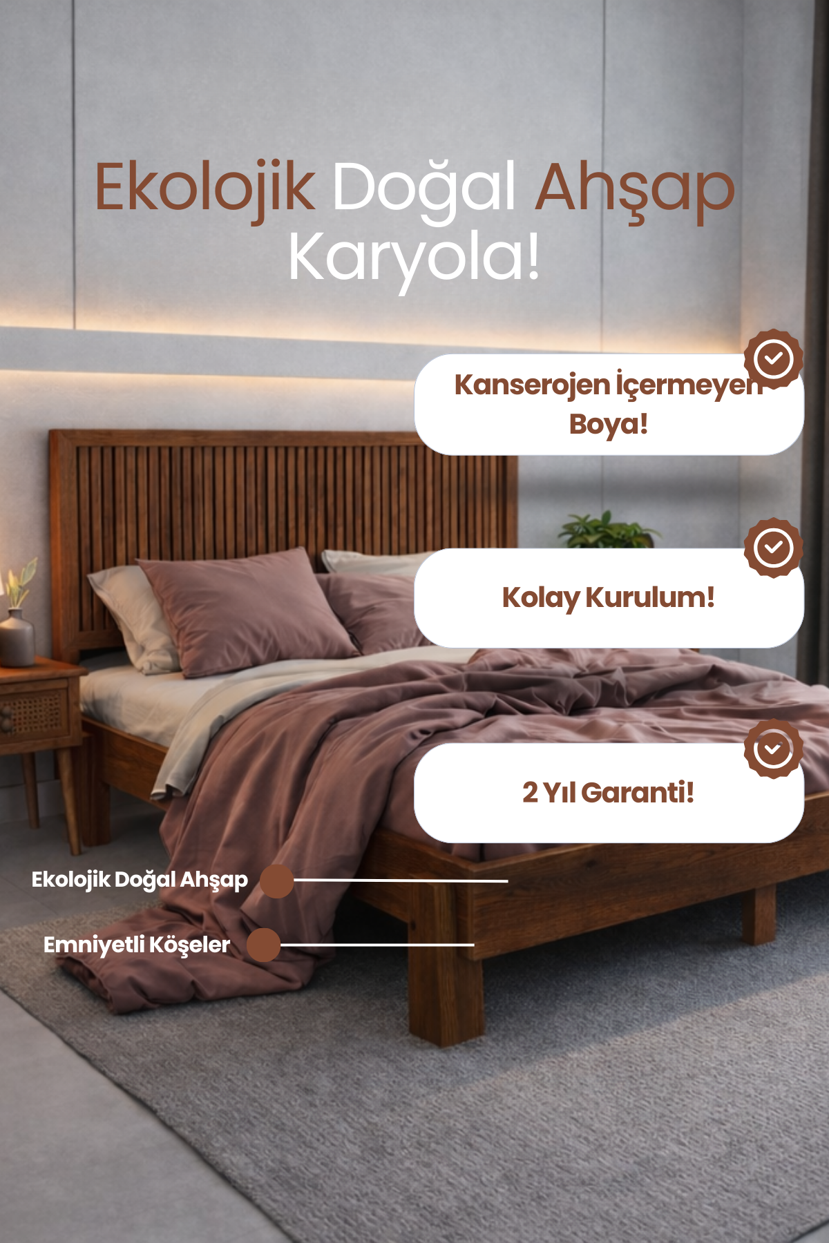 Alaz Model Yatay Başlıklı Masif Ahşap Karyola 150x200 Doğal