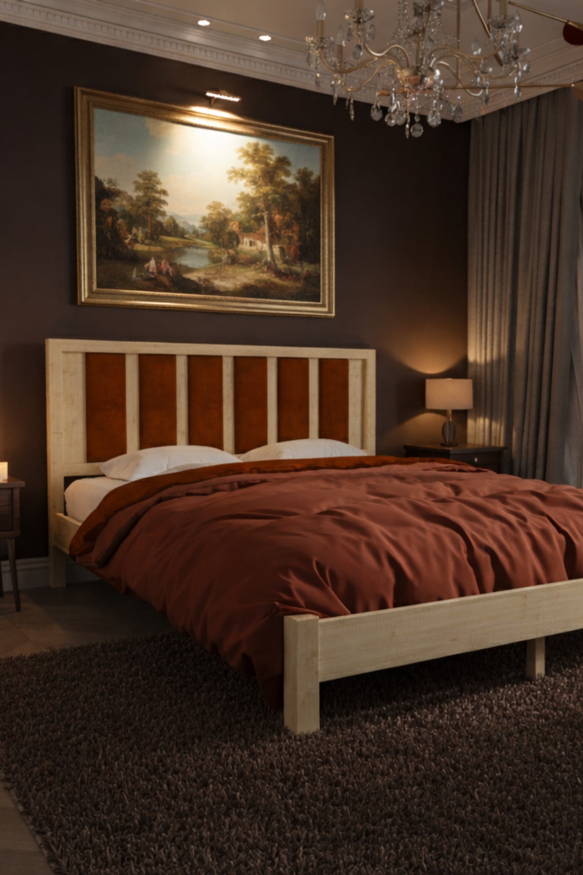 Ori̇on Model Kiremit Rengi Puf Başlıklı Masif Ahşap Karyola 140x190 Doğal