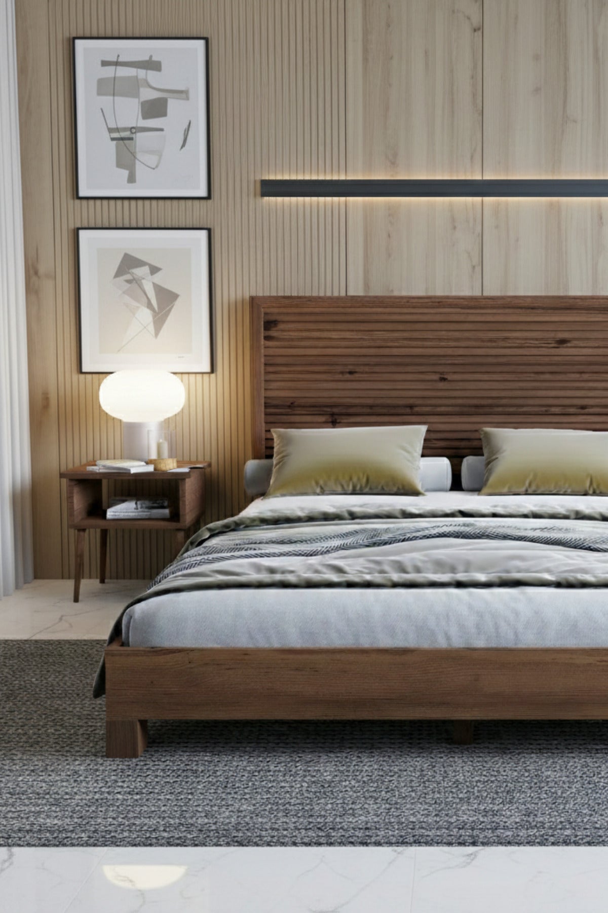 Alaz Model Yatay Başlıklı Masif Ahşap Karyola 90x190 Ceviz