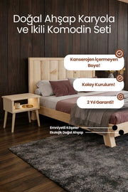 Hüma Model Dikey Başlıklı Masif Ahşap Karyola 2 Adet Komodin 90x190 Doğal