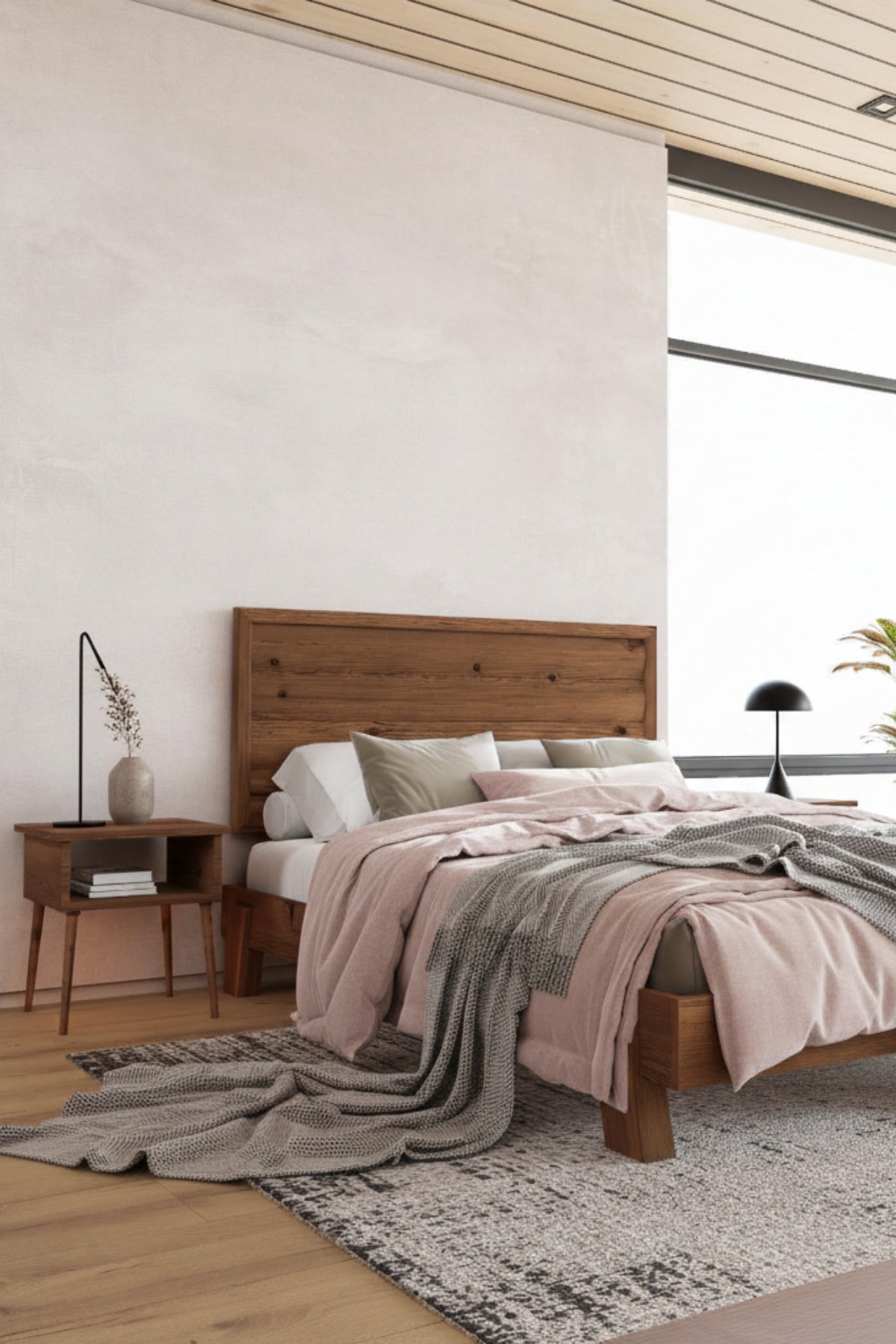 Hüma Model Yatay Başlıklı Masif Ahşap Karyola ve 2 Adet Komodin 200x200 Doğal