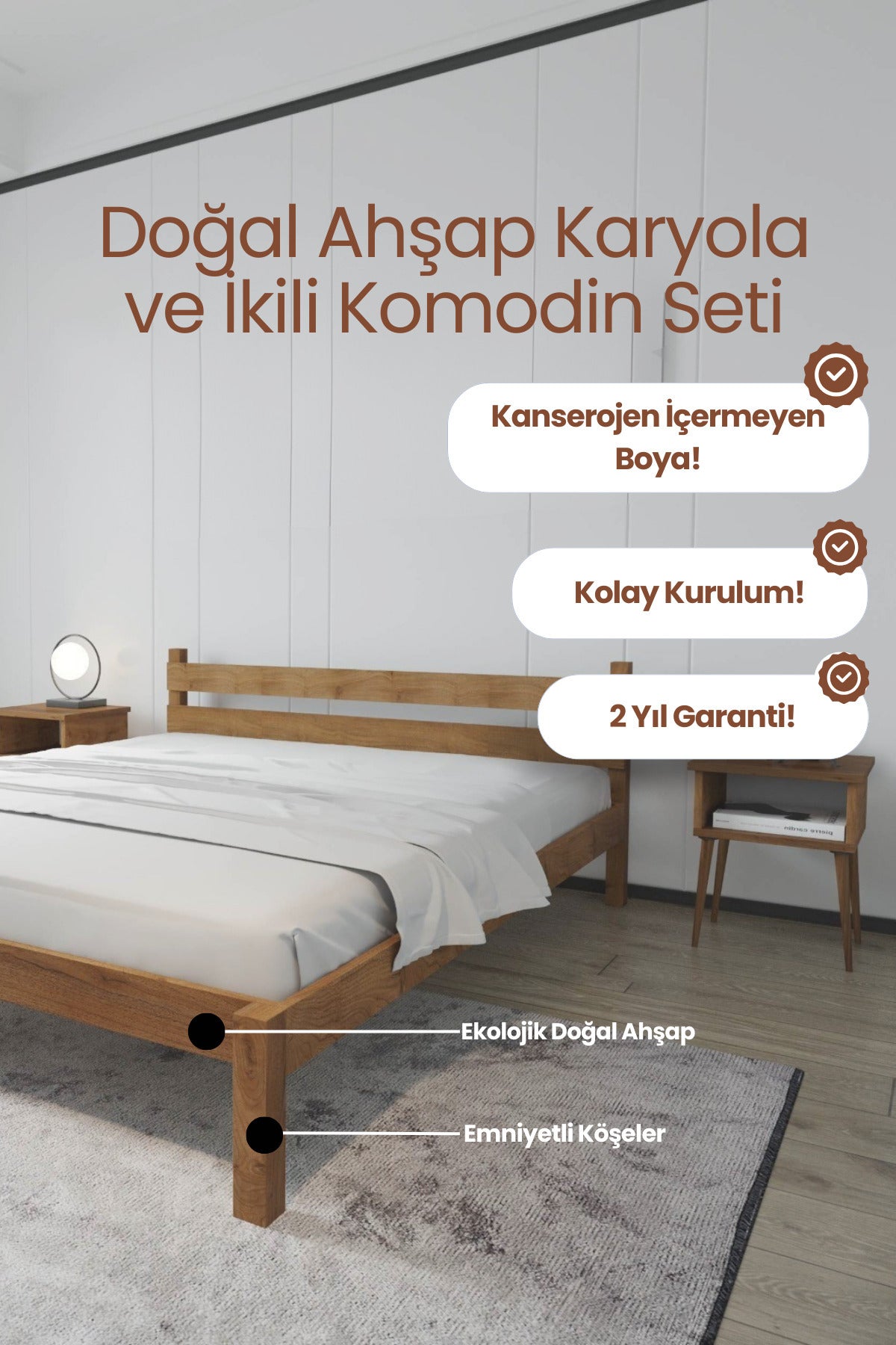 Letto Model Masif Ahşap Karyola 2 Adet Komodin 150x200 Doğal