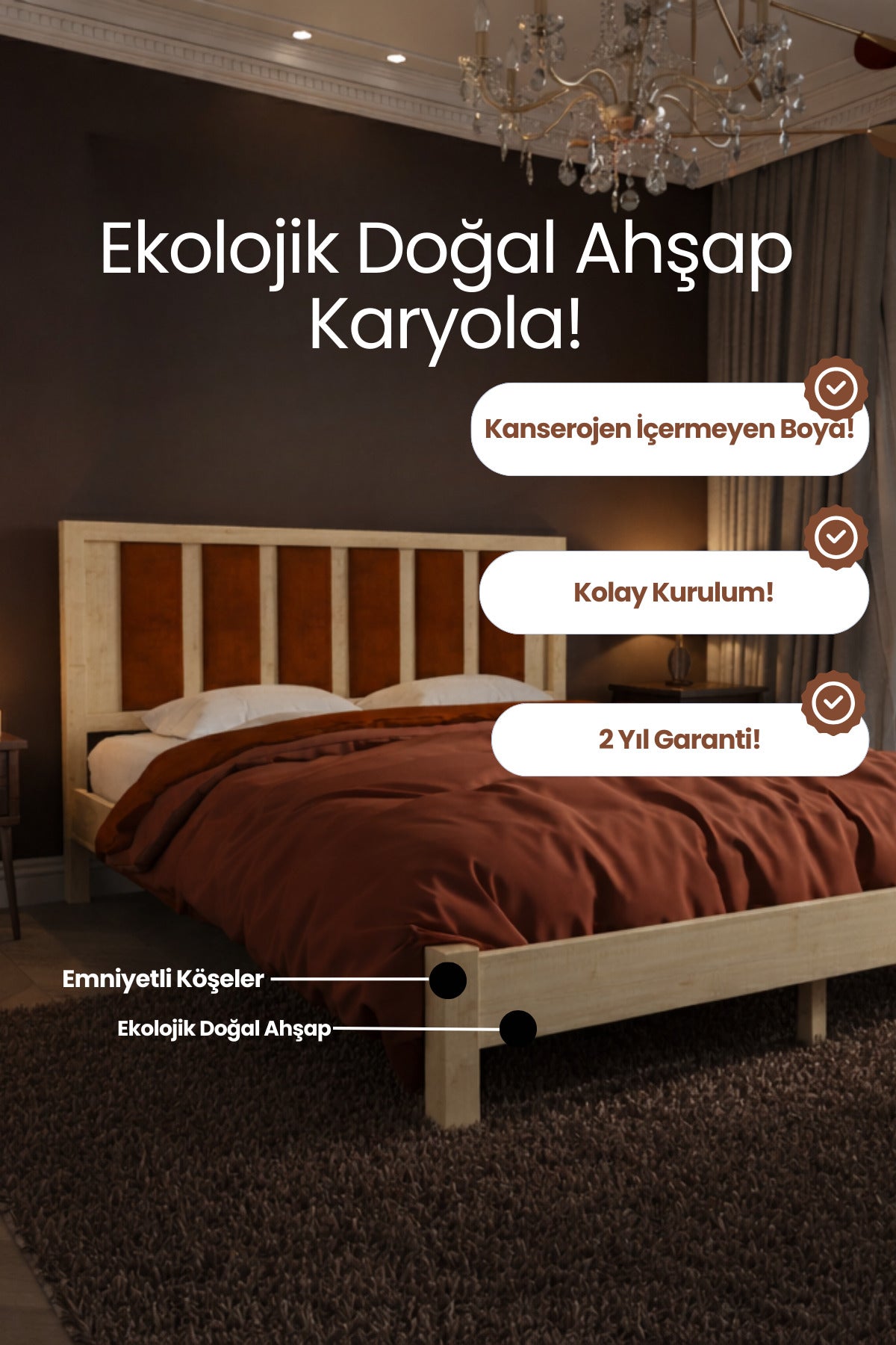 Ori̇on Model Kiremit Rengi Puf Başlıklı Masif Ahşap Karyola 140x200 Ceviz
