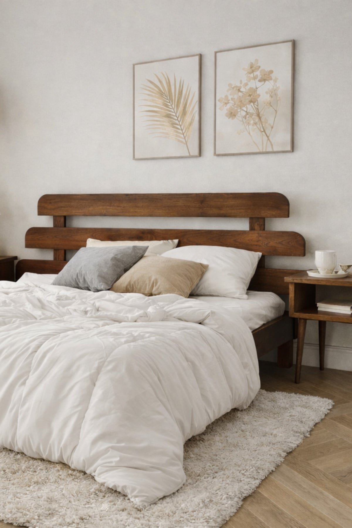 Lotus X Model Masif Ahşap Karyola ve 2 Adet Komodin 90x190 Ceviz