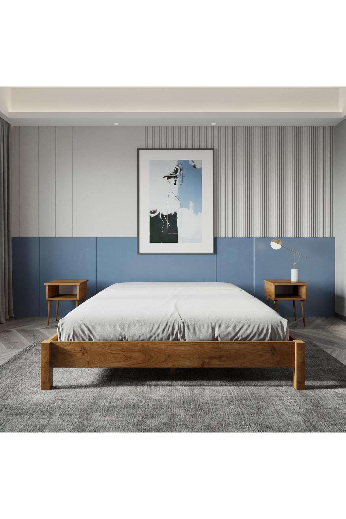 Loft Model Masif Ahşap Karyola 2 Adet Komodin 150x200 Doğal