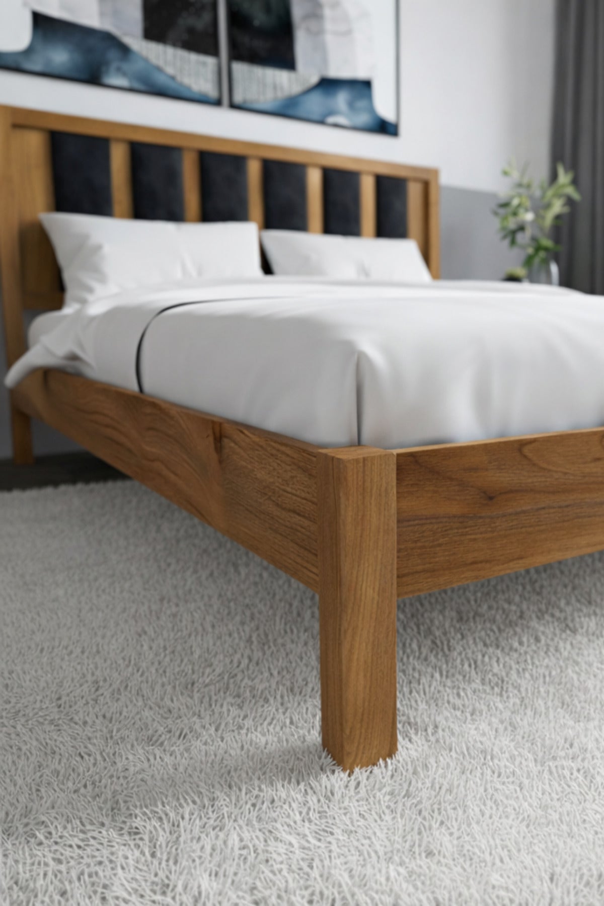Ori̇on Model Siyah Puf Başlıklı Masif Ahşap Karyola 100x200 Ceviz