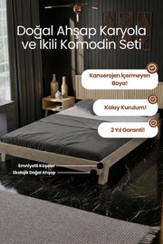 Ebruli̇ Model Dikey Başlıklı Masif Ahşap Karyola 2 Adet Komodin 90x190 Doğal