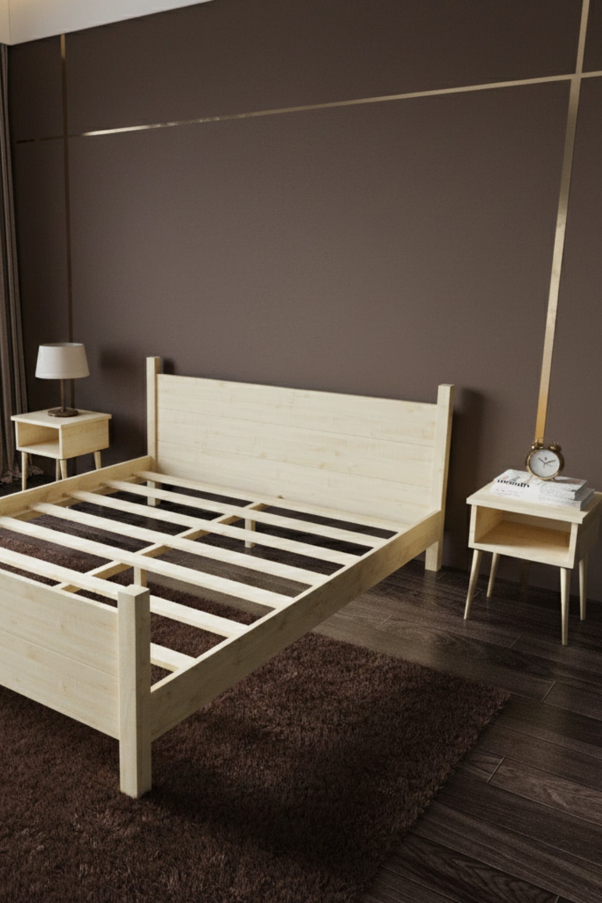 Melodi̇ Model Masif Ahşap Karyola 2 Adet Komodin 140x190 Doğal