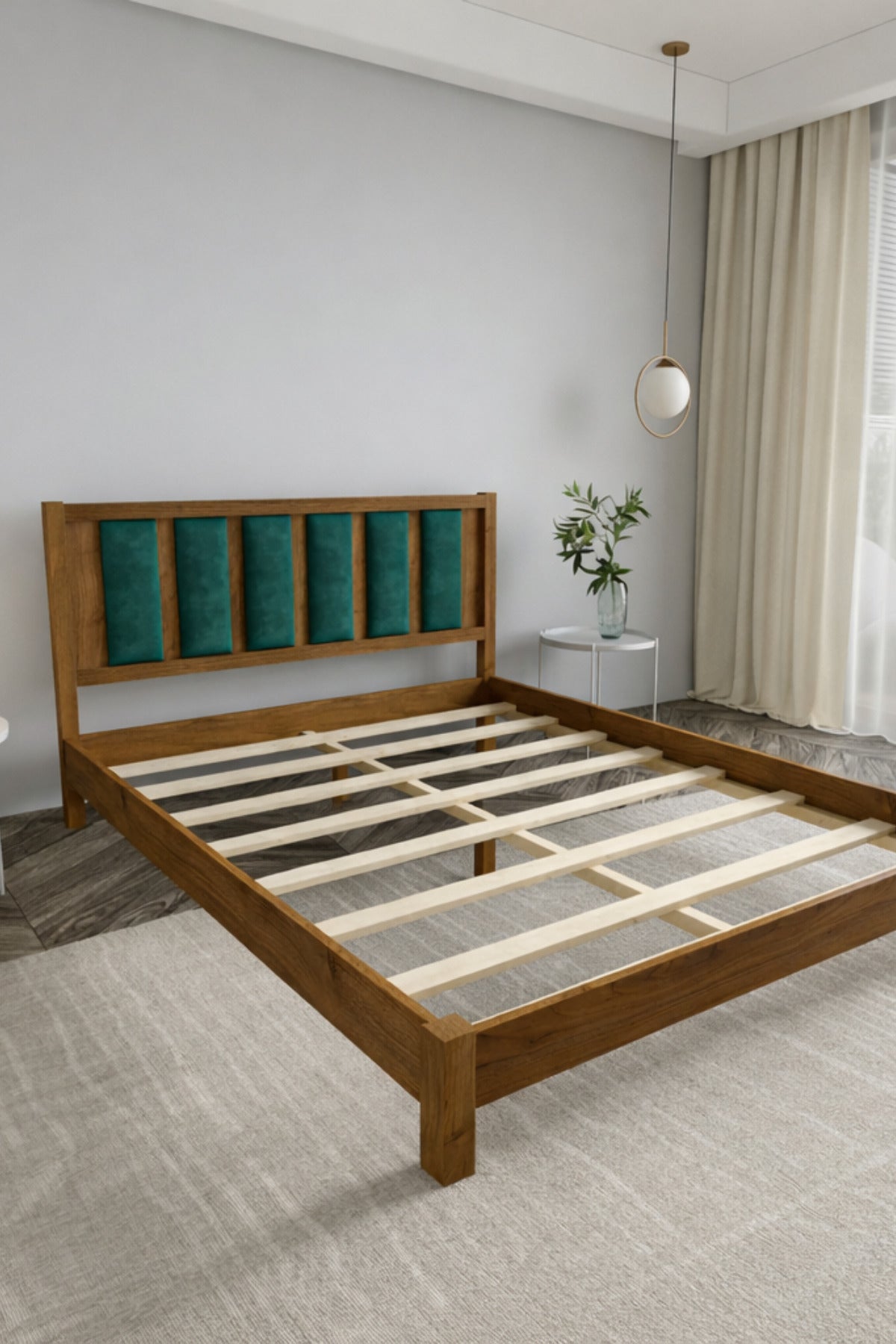 Ori̇on Model Zümrüt Yeşili Puf Başlıklı Masif Ahşap Karyola 90x200 Ceviz
