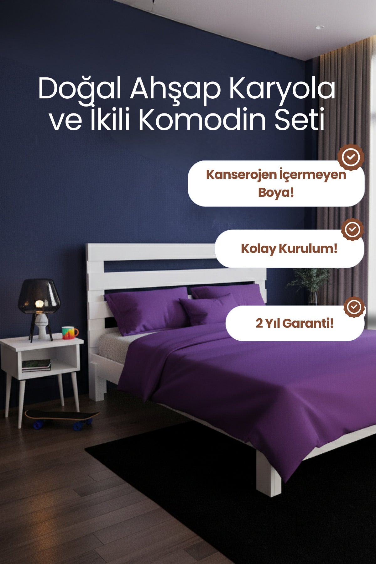 Urban Model Masif Ahşap Karyola 2 Adet Komodin 140x190 Vernikli
