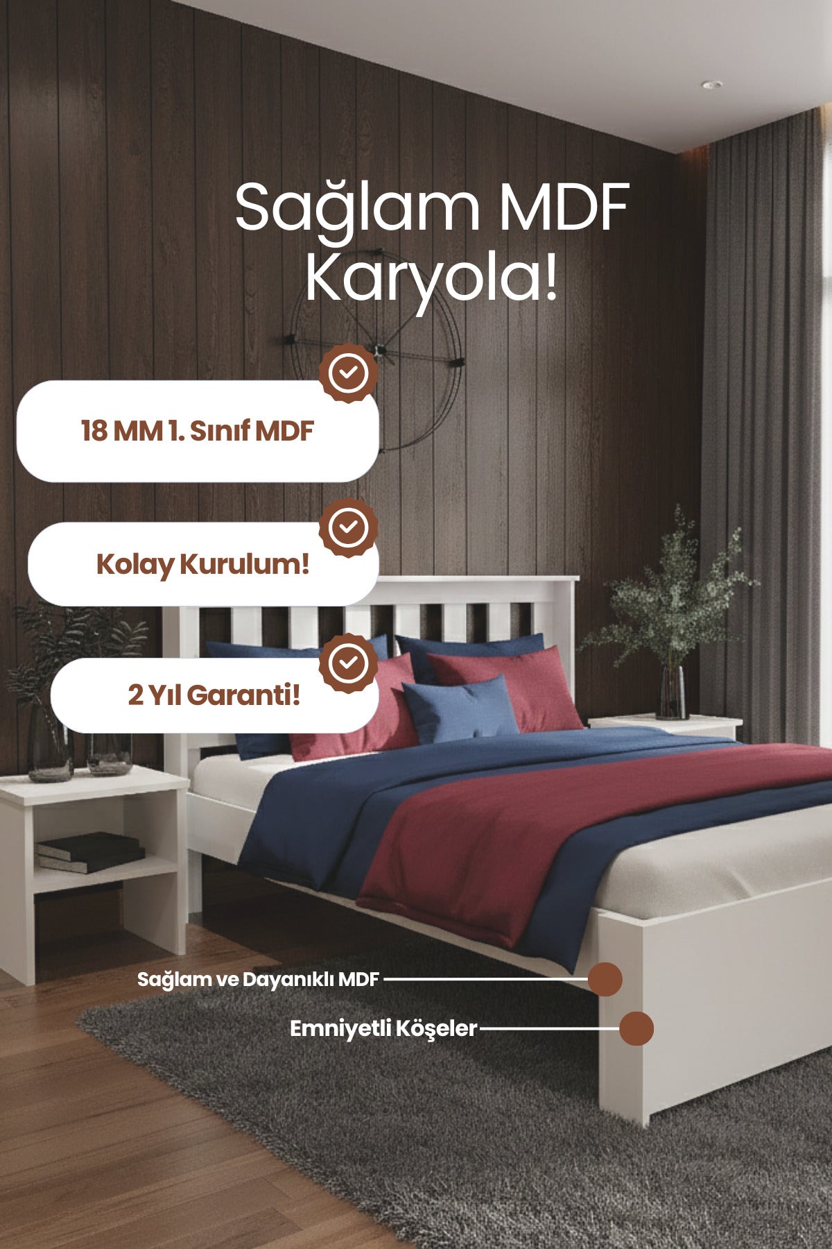 Stark MDF Karyola ve 2 Komodinli Set 180x200 Beyaz