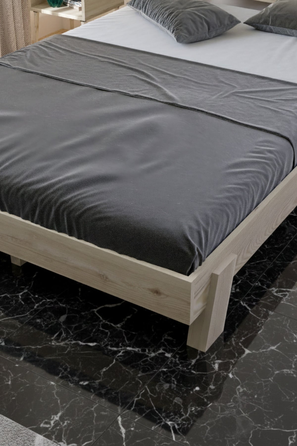 Damla Model 2 Başlıklı Masif Ahşap Karyola 2 Adet Komodin 140x190 Doğal