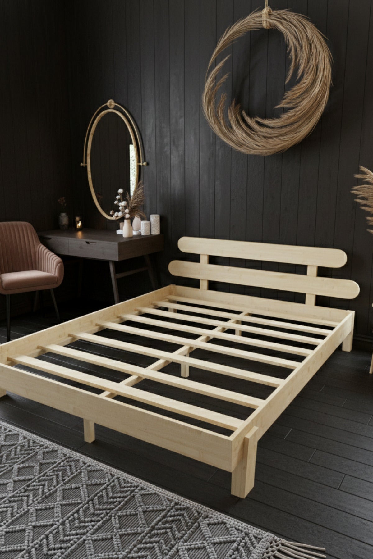 Damla Model 2 Başlıklı Masif Ahşap Karyola 140x190 Doğal
