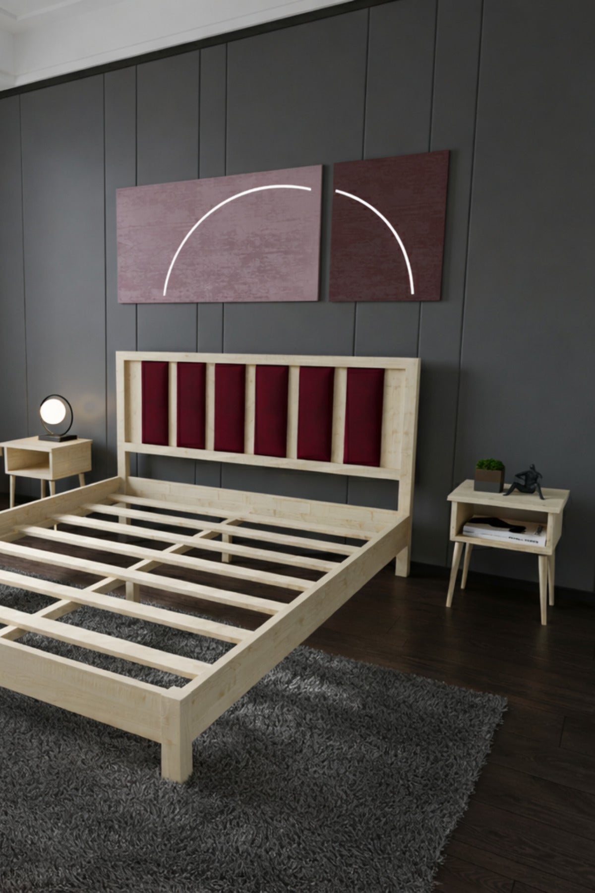 Ori̇on Model Bordo Puf Başlıklı Masif Ahşap Karyola 200x200 Ceviz