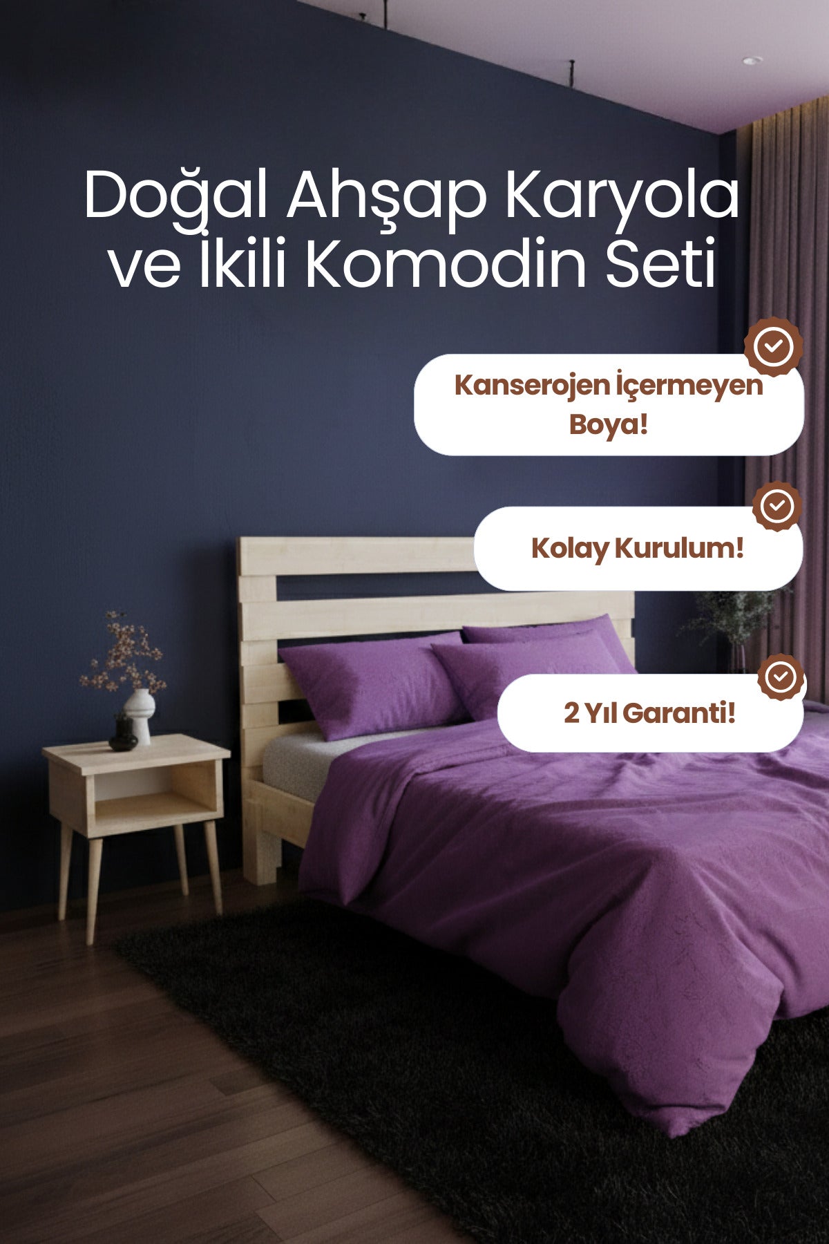 Urban New Model Masif Ahşap Karyola 2 Adet Komodin 90x190 Doğal