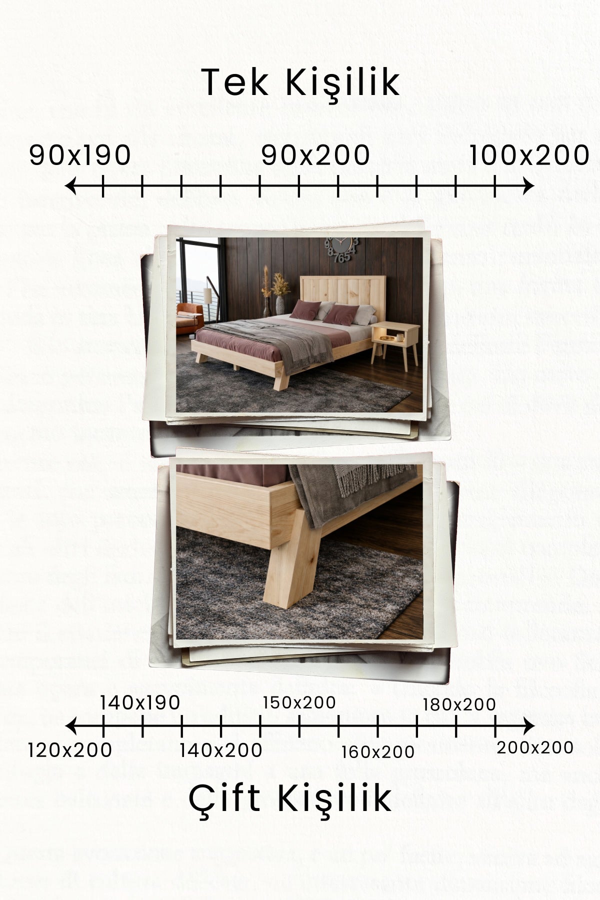 Hüma Model Dikey Başlıklı Masif Ahşap Karyola 2 Adet Komodin 90x200 Doğal