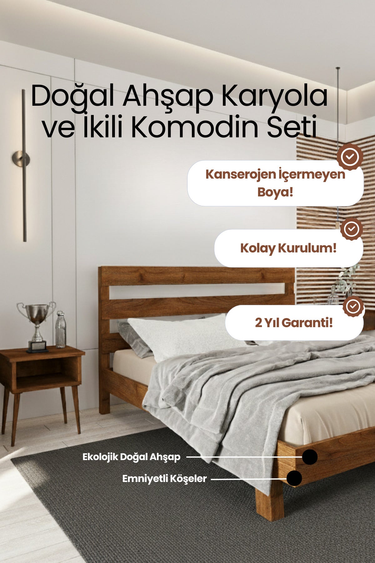 Natura New Model Masif Ahşap Karyola ve 2 Adet Komodin 150x200 Doğal
