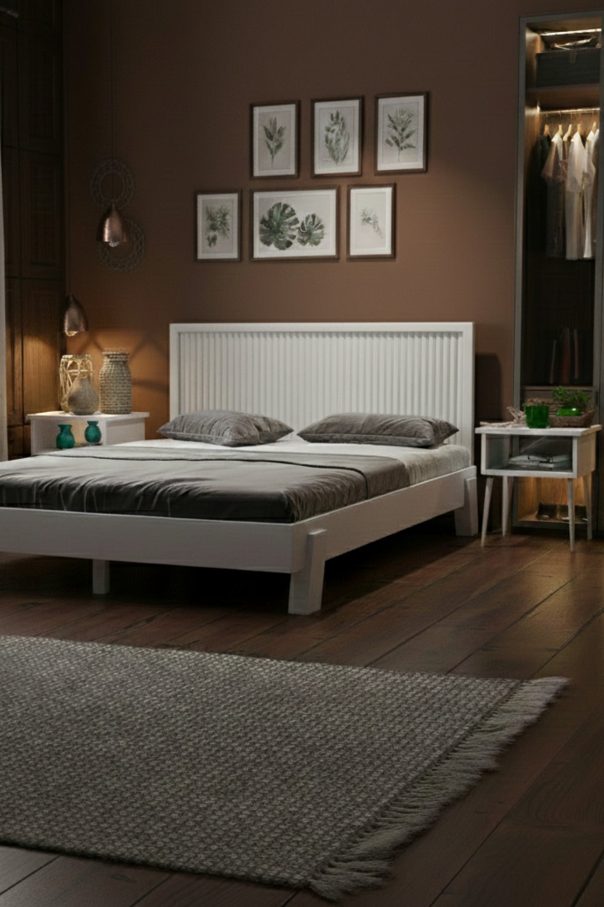Ebruli̇ Model Dikey Başlıklı Masif Ahşap Karyola ve 2 Adet Komodin 160x200 Ceviz