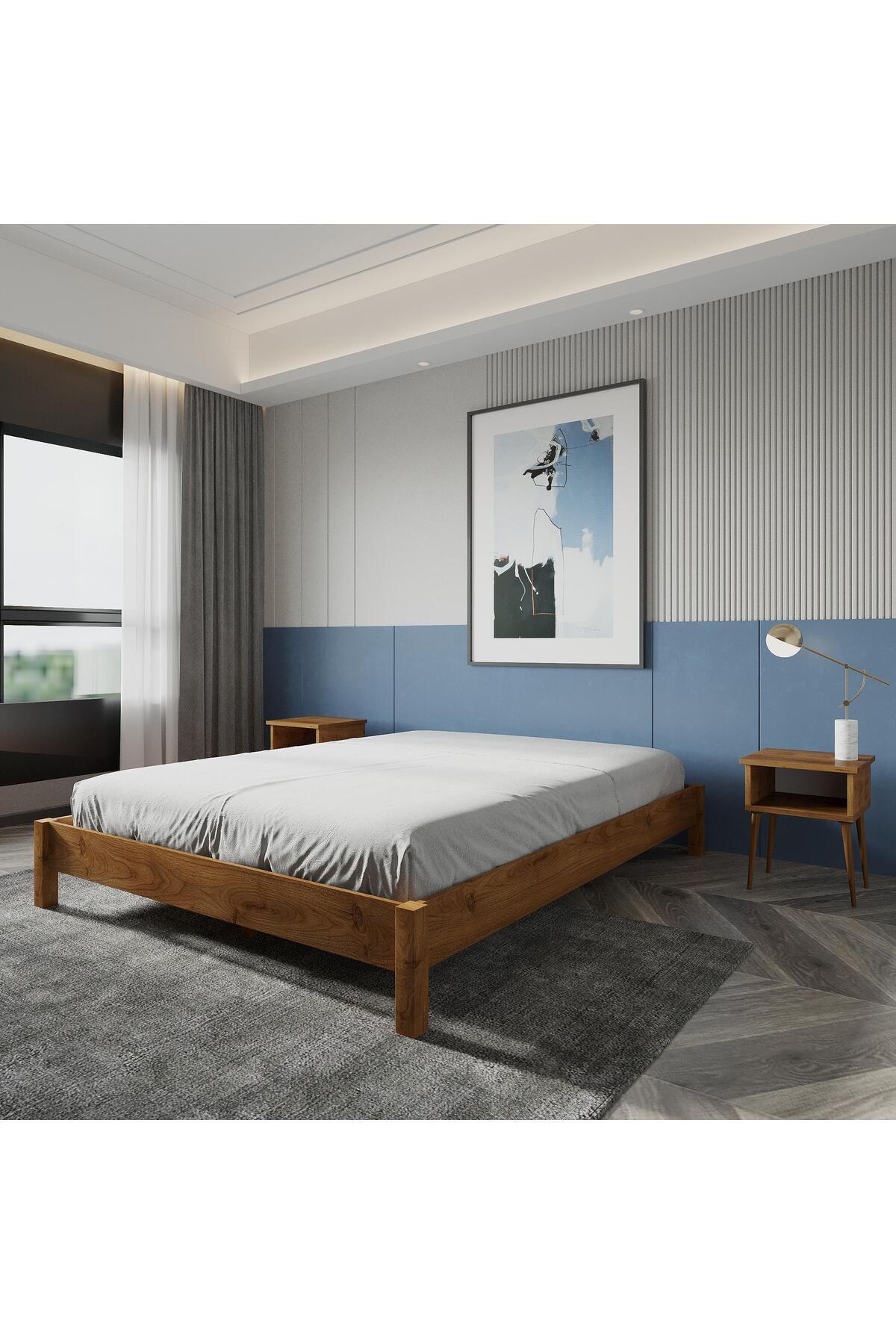 Loft Model Masif Ahşap Karyola 2 Adet Komodin 140x190 Doğal