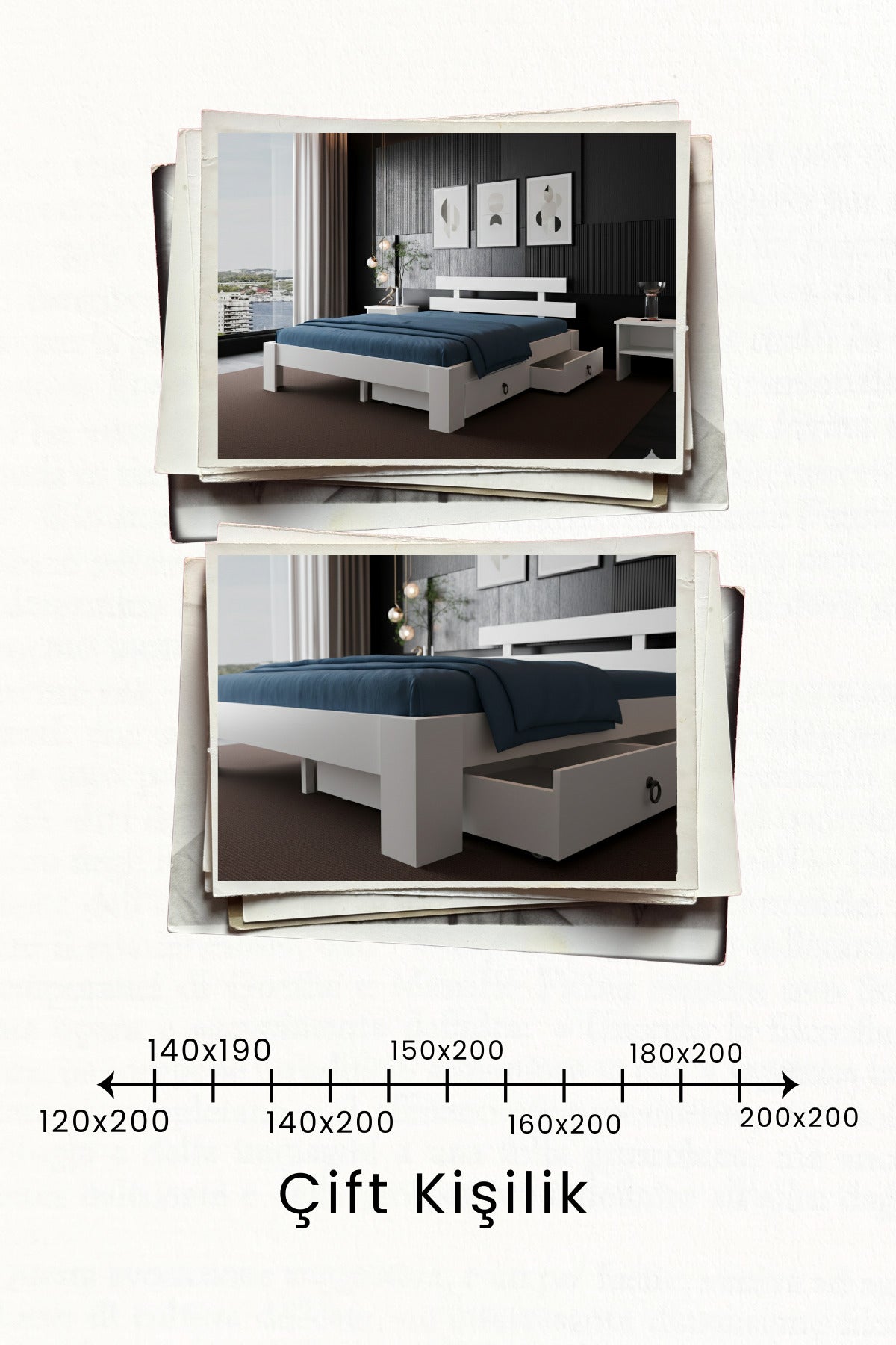 Lotus 2 Çekmeceli MDF Karyola 90x200 Beyaz