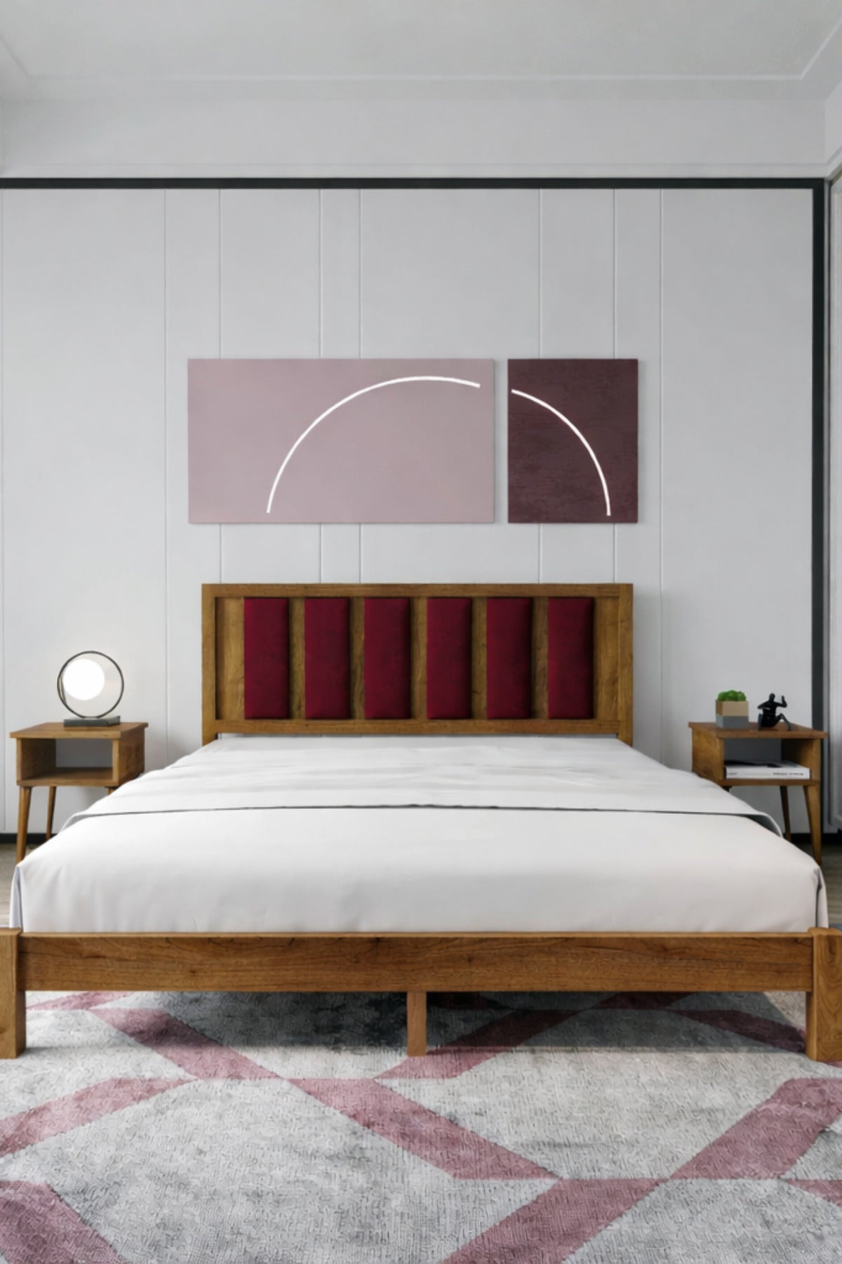 Ori̇on Model Bordo Puf Başlıklı Masif Ahşap Karyola 200x200 Doğal